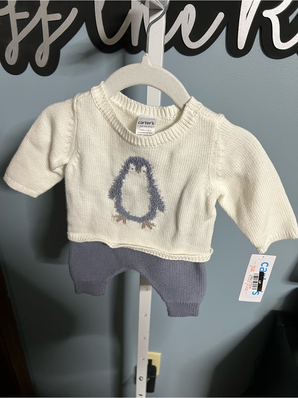 Carter's Cream Penguin Knit Sweater and Gray Pants Set